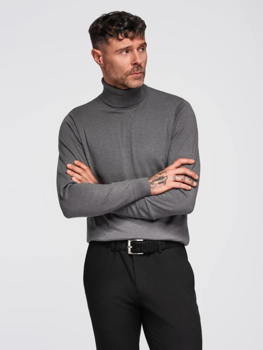 Zdjęcie produktu Jednokolorowy męski dzianinowy golf z wiskozą – szary melanż V2 - Rozmiar: XXL Ombre Clothing