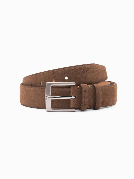 Zdjęcie produktu Jednokolorowy pasek męski z naturalnego zamszu – brązowy V2 - Rozmiar: S / M Ombre Clothing