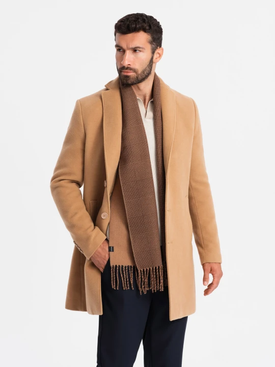 Zdjęcie produktu Jednorzędowy długi męski płaszcz w stylu garniturowym – jasnobrązowy V3 - Rozmiar: L Ombre Clothing