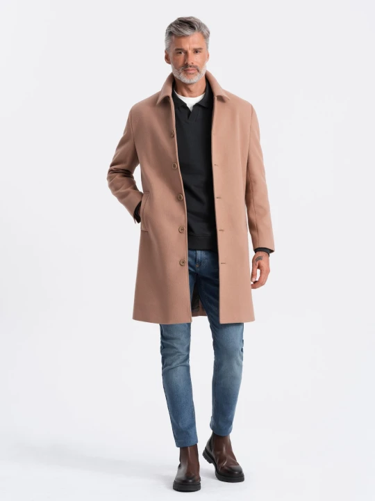 Zdjęcie produktu Jednorzędowy męski długi płaszcz z kołnierzykiem i podpinką – brązowy V2 - Rozmiar: L Ombre Clothing