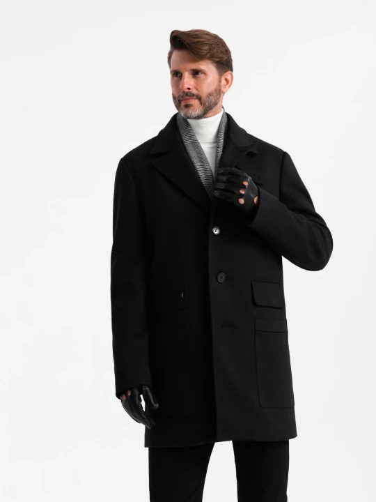Zdjęcie produktu Jednorzędowy wzorzysty płaszcz męski z kieszeniami – czarny V2 - Rozmiar: M Ombre Clothing