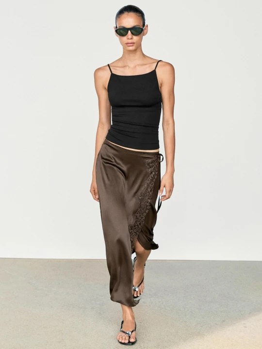 Zdjęcie produktu Jedwabna Spódnica Pareo Z Koronką - Czekoladowy - Massimo Dutti - Female