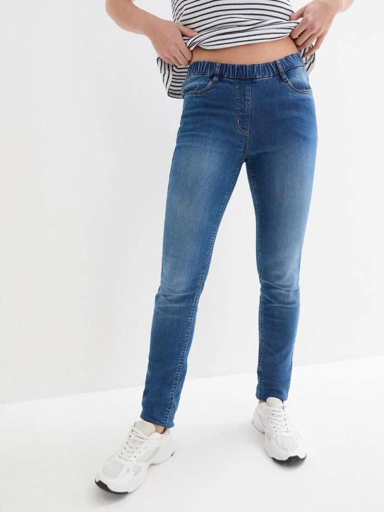 Zdjęcie produktu Jegginsy mid waist z wygodnym paskiem w talii BonPrix niebieski