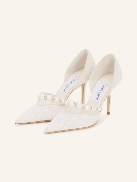 Zdjęcie produktu Jimmy Choo Czółenka Aurelie 85 Z Ozdobnymi Perełkami I Koronką weiss