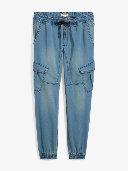 Zdjęcie produktu Joggery jeansowe o kroju regular fit z elastyczną gumką w talii, straight BonPrix niebieski