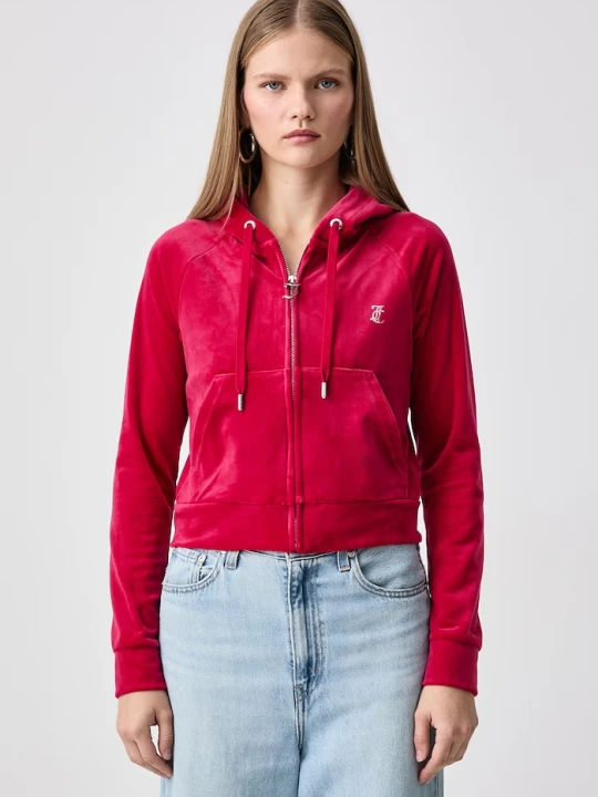 Zdjęcie produktu Juicy Couture bluza rozpinana z kapturem damska welurowa MADISON HOODIE czerwony