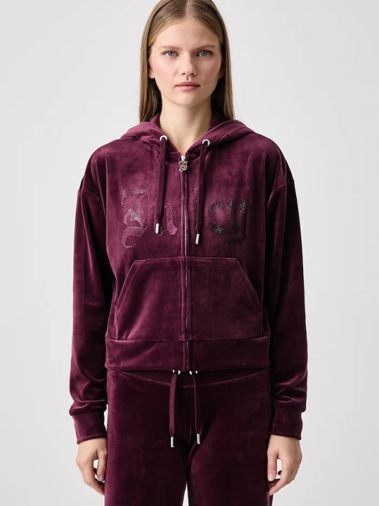 Zdjęcie produktu Juicy Couture bluza rozpinana z kapturem damska welurowa OLD GOTHIC ICCLE bordowy