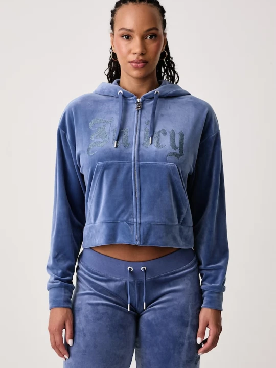 Zdjęcie produktu Juicy Couture bluza rozpinana z kapturem damska welurowa OLD GOTHIC ICCLE niebieski