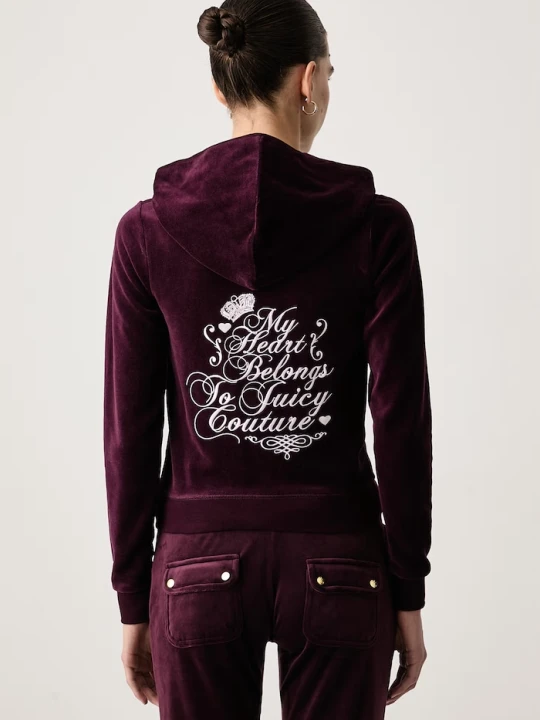 Zdjęcie produktu Juicy Couture bluza rozpinana z kapturem damska welurowa SCRIPT REBELLE ROBYN bordowy