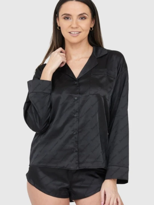 Zdjęcie produktu JUICY COUTURE Czarna satynowa damska koszula piżamowa w logo, Rozmiar S
