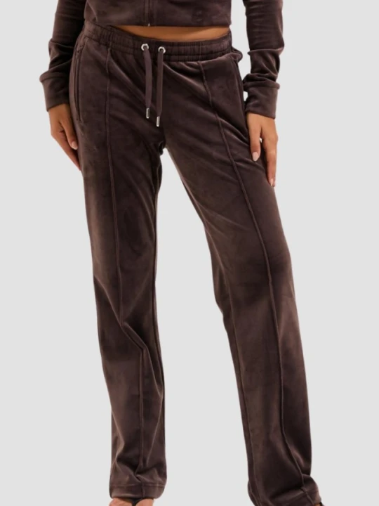 Zdjęcie produktu JUICY COUTURE Czekoladowe spodnie dresowe damskie z cyrkoniami Tina Outline, Rozmiar XS Brązowy
