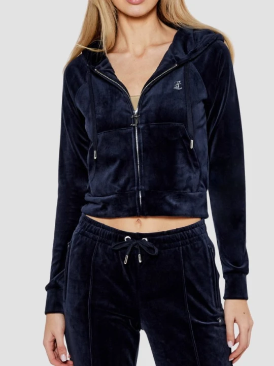 Zdjęcie produktu JUICY COUTURE Granatowa bluza damska welurowa Madison z cyrkoniami, Rozmiar L Niebieski