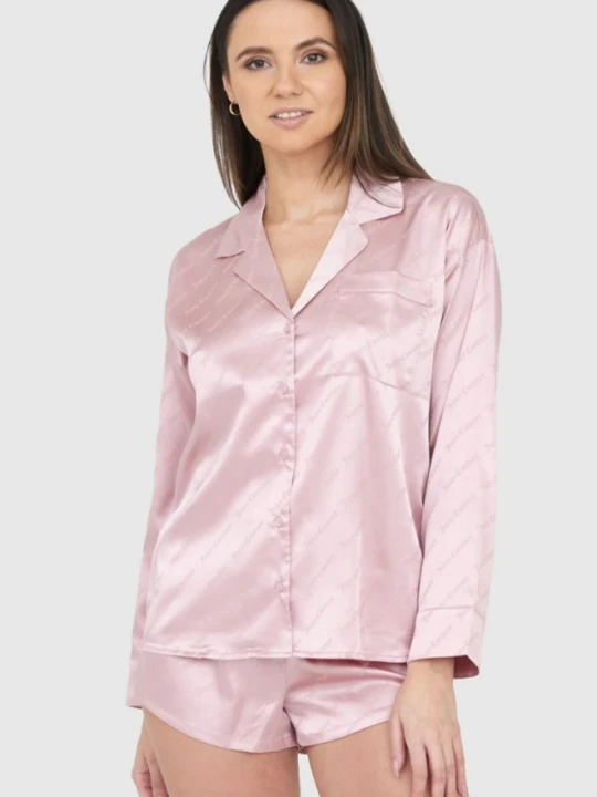Zdjęcie produktu JUICY COUTURE Różowa satynowa koszula piżamowa damska w logo, Rozmiar L