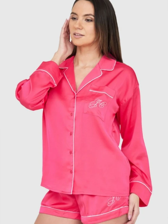 Zdjęcie produktu JUICY COUTURE Różowa satynowa koszula piżamowa damska z haftowanym logo, Rozmiar L