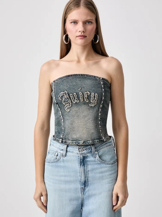 Zdjęcie produktu Juicy Couture top damski jeansowy STUD CORSET różowy