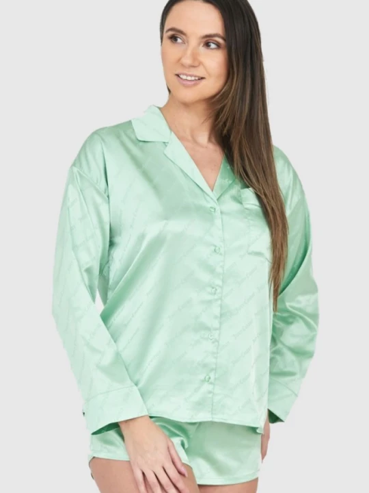 Zdjęcie produktu JUICY COUTURE Zielona satynowa koszula piżamowa damska w logo, Rozmiar S