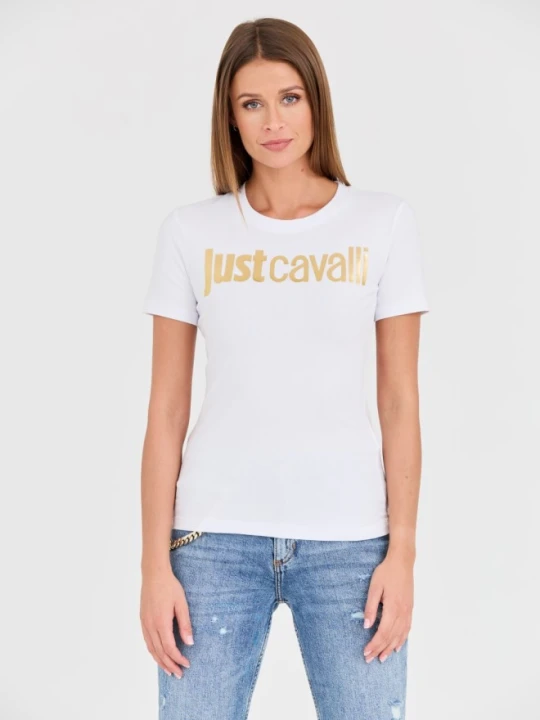 Zdjęcie produktu JUST CAVALLI Biały damski t-shirt Logo Gold, Rozmiar XL