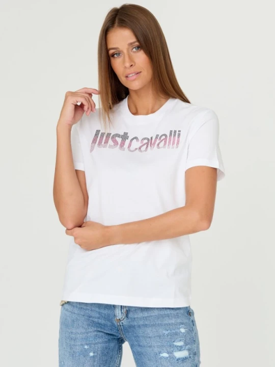 Zdjęcie produktu JUST CAVALLI Biały damski t-shirt R LOGO CRYSTAL, Rozmiar M