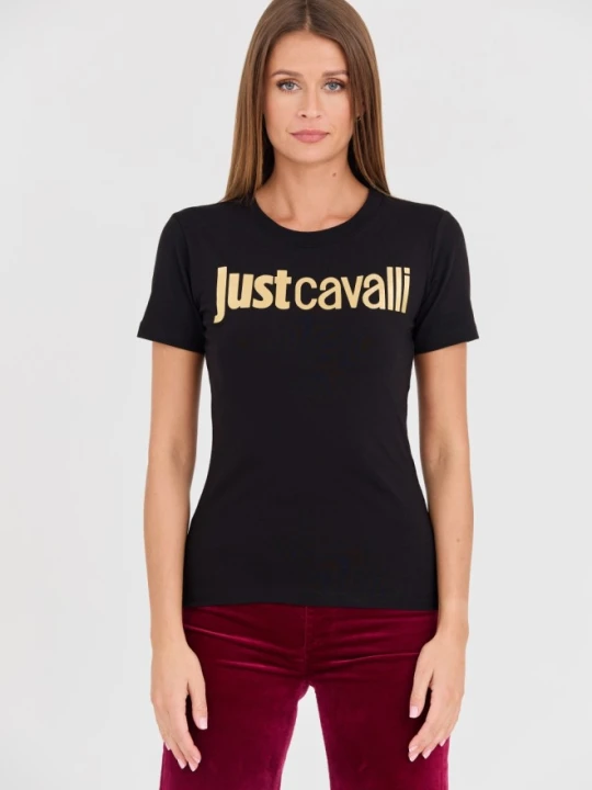 Zdjęcie produktu JUST CAVALLI Czarny damski t-shirt Logo Gold, Rozmiar S