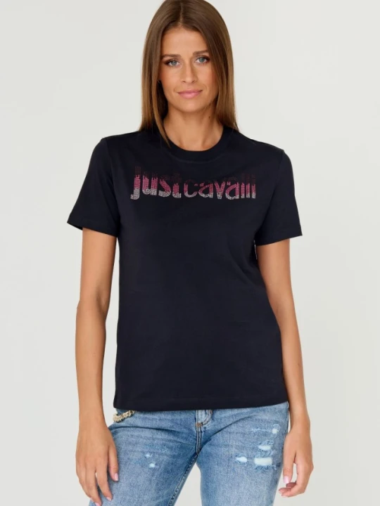 Zdjęcie produktu JUST CAVALLI Czarny damski t-shirt R LOGO CRYSTAL, Rozmiar M