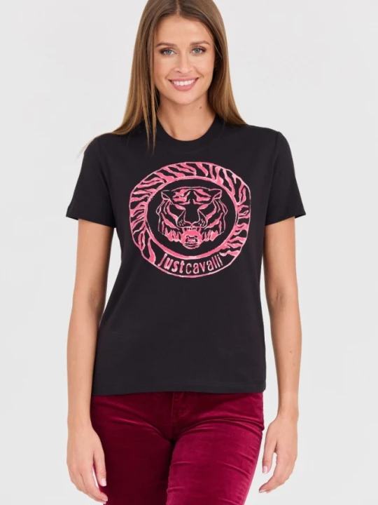 Zdjęcie produktu JUST CAVALLI Czarny damski t-shirt R Tiger Round Flock, Rozmiar L