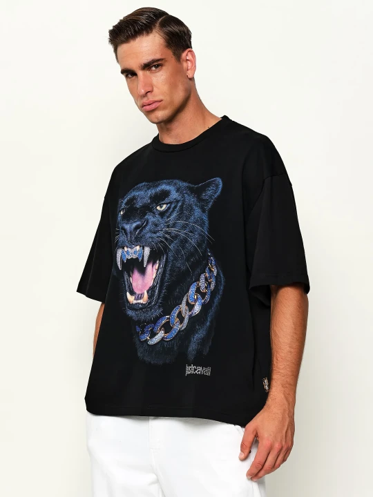 Zdjęcie produktu Just Cavalli T-shirt Rhinestone Panther | Loose fit czarny