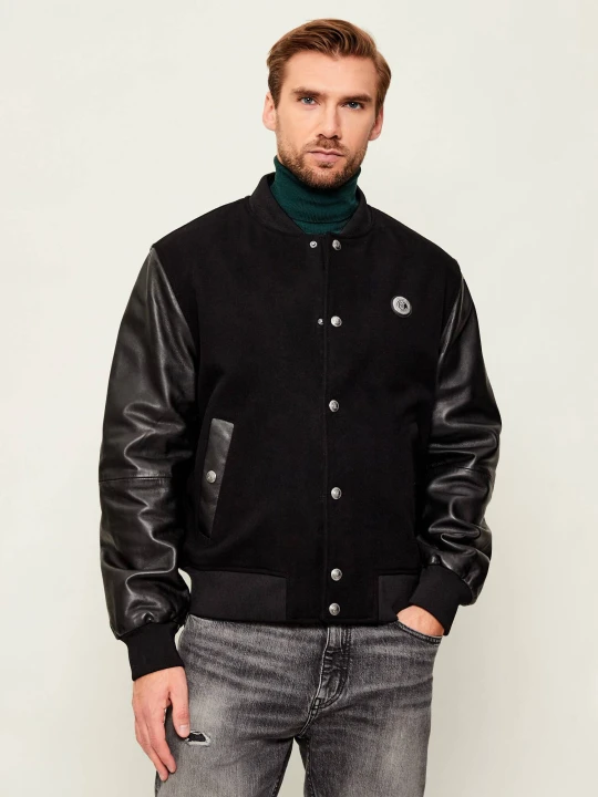 Zdjęcie produktu Just Cavalli Wełniana kurtka bomber | Regular Fit | z dodatkiem skóry czarny
