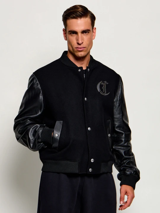 Zdjęcie produktu Just Cavalli Wełniana kurtka bomber | Regular Fit | z dodatkiem skóry czarny