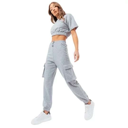 Zdjęcie produktu Justhype Sweat Crop T-Shirt-Cargo Joggers LABON004, Damskie, Szare, spodnie, bawełna, rozmiar: 36