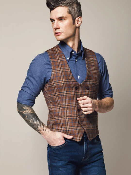 Zdjęcie produktu Kamizelka Brązowa Wełniana w Kratę Tartan Tessa Lancerto