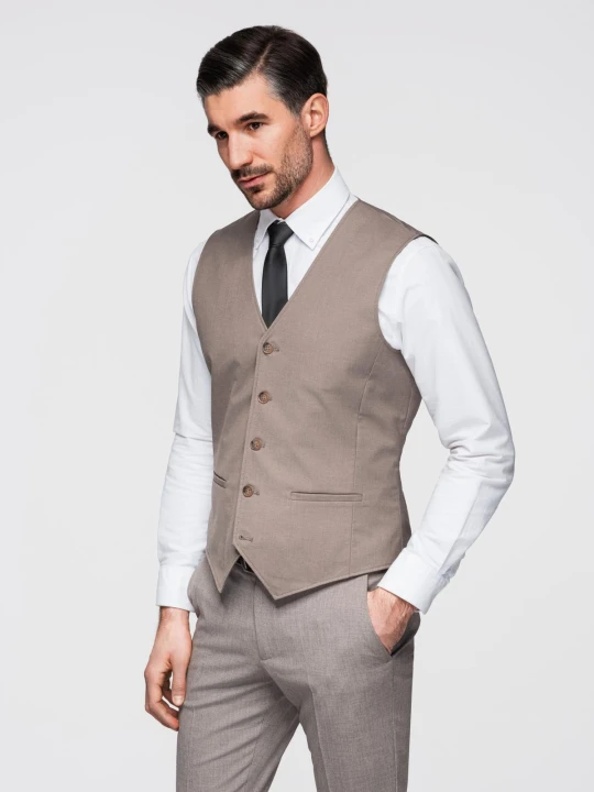 Zdjęcie produktu Kamizelka męska garniturowa bez klap - beżowa V2 Ombre Clothing