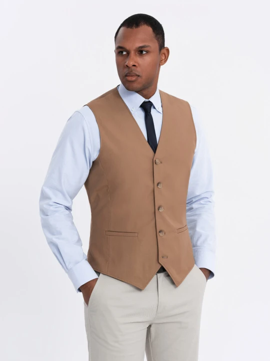 Zdjęcie produktu Kamizelka męska garniturowa bez klap - karmelowa V1 Ombre Clothing camel
