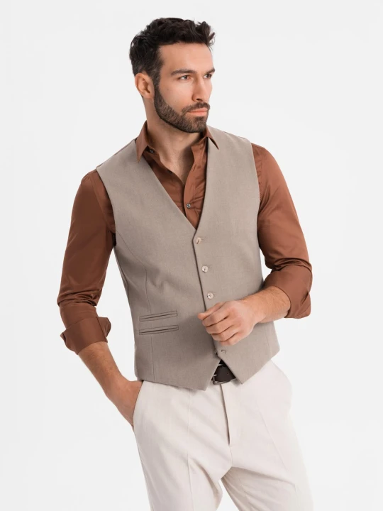 Zdjęcie produktu Kamizelka męska garniturowa z klasycznym detalem i podszewką – beżowa V1 - Rozmiar: S Ombre Clothing