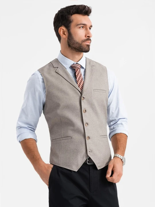 Zdjęcie produktu Kamizelka męska garniturowa z kołnierzem - beżowa V3 Ombre Clothing