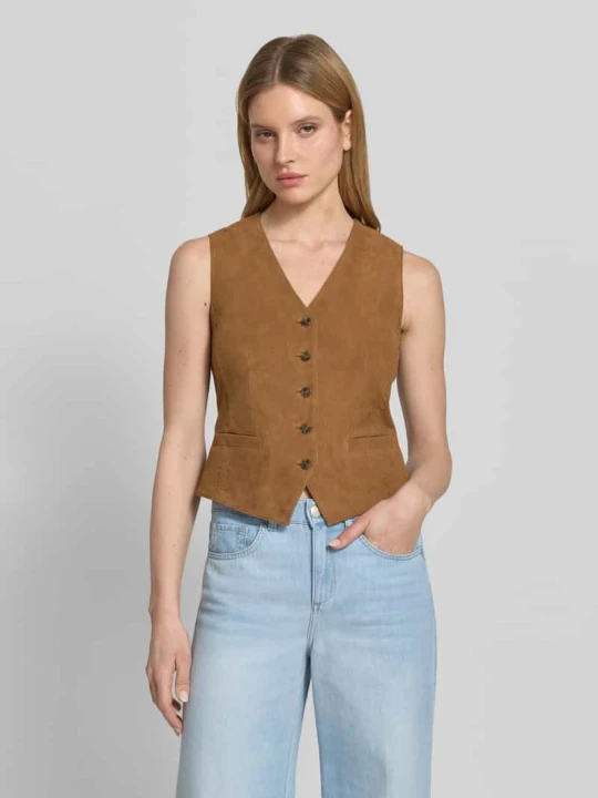 Zdjęcie produktu kamizelka skórzana o kroju regular fit z ozdobnymi szwami model 'VETUSTA' Weekend Max Mara Ciemnobrązowy