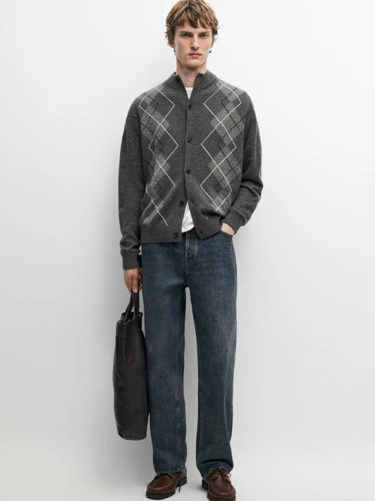 Zdjęcie produktu Kardigan Z Dzianiny W Romby Ze 100% Kaszmiru - Brudnoszary - Massimo Dutti - Male