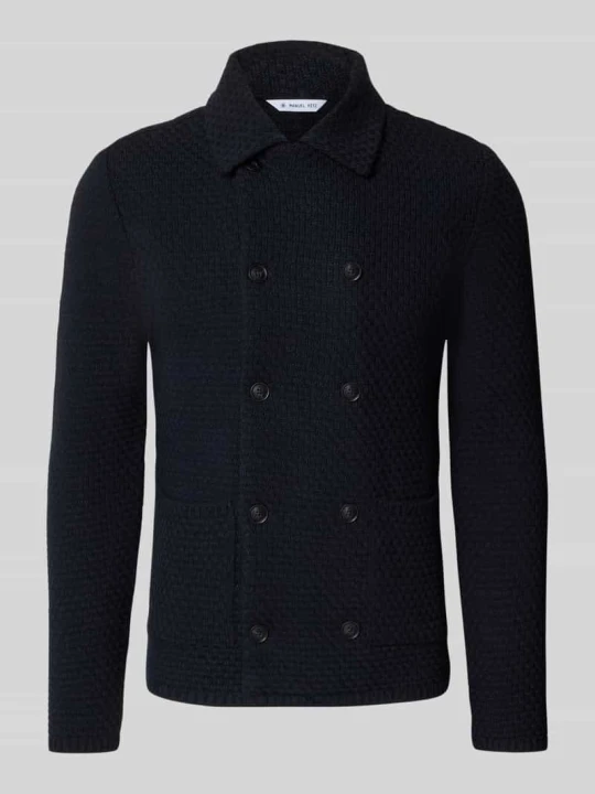 Zdjęcie produktu kardigan o kroju slim fit z domieszką lnu i wełny z alpaki w imitacji dzianiny Manuel Ritz Granatowy