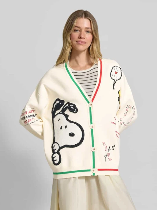 Zdjęcie produktu Kardigan rozpinany o kroju loose fit z dodatkiem wiskozy model 'JASEBALL SNOOPY EMBO' Essentiel Antwerp Złamany biały