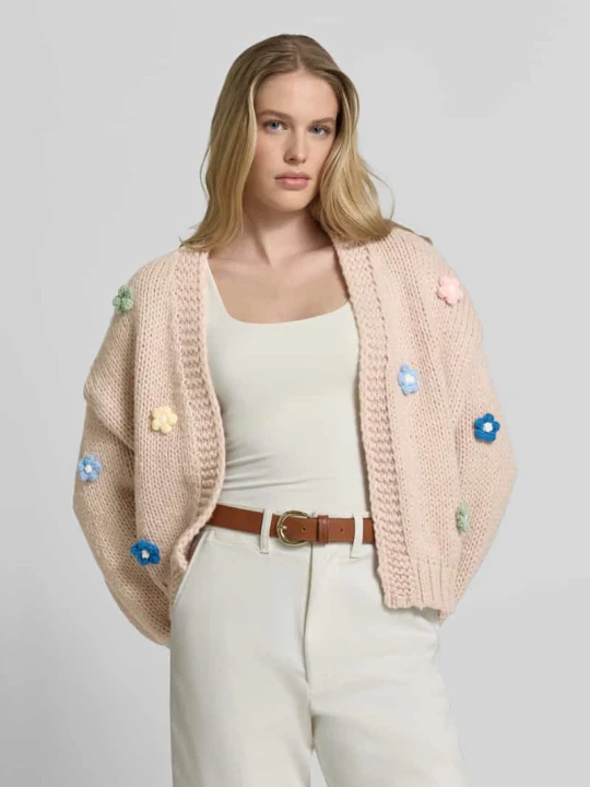 Zdjęcie produktu Kardigan rozpinany o kroju oversized z kwiatowym, ozdobnym obszyciem Apricot Piaskowy