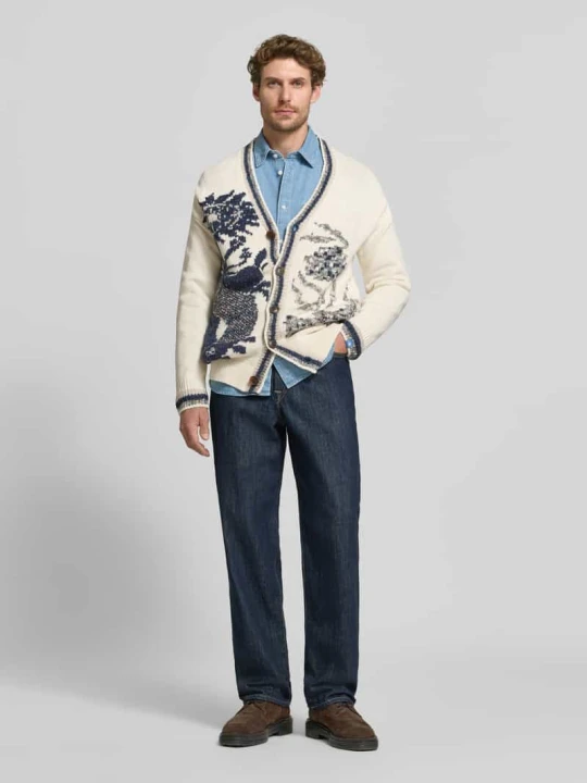 Zdjęcie produktu kardigan rozpinany o kroju regular fit z dekoltem w serek model 'INTARSIA' Scotch & Soda Złamany biały
