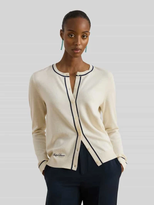 Zdjęcie produktu kardigan rozpinany o kroju regular fit z kontrastowymi detalami Lauren Ralph Lauren Écru