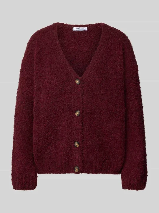 Zdjęcie produktu kardigan rozpinany o kroju relaxed fit z mieszanka wełny i wiskozy model 'Sofia' ZABAIONE Bordowy
