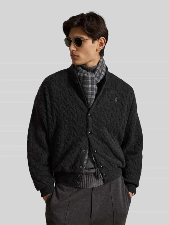 Zdjęcie produktu Kardigan rozpinany o kroju relaxed fit z mieszanki wełny i kaszmiru ze ściegiem warkoczowym Polo Ralph Lauren Ciemnoszary