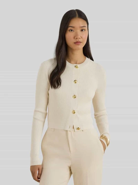 Zdjęcie produktu kardigan rozpinany o kroju slim fit z detalami z guzikami Lauren Ralph Lauren Piaskowy