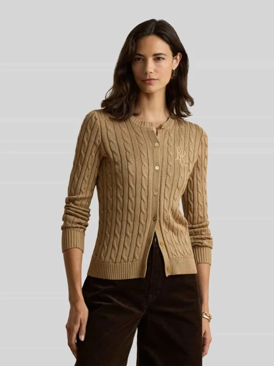 Zdjęcie produktu kardigan rozpinany o kroju slim fit z mieszanki bawełny i wiskozy Lauren Ralph Lauren Camel