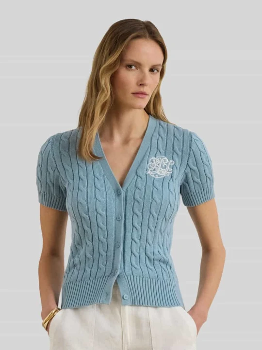 Zdjęcie produktu kardigan rozpinany w kroju regular fit z krótkim rękawem z czystej bawełny Lauren Ralph Lauren Jasnoniebieski