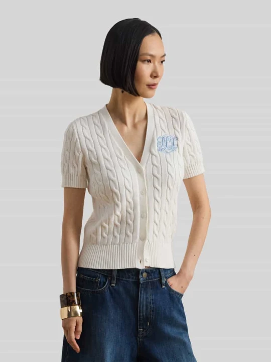 Zdjęcie produktu kardigan rozpinany w kroju regular fit z krótkim rękawem z czystej bawełny Lauren Ralph Lauren Biały