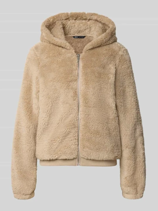 Zdjęcie produktu kardigan rozpinany z futerka typu teddy z kapturem krój regular fit model 'NEWANNA' Only Piaskowy