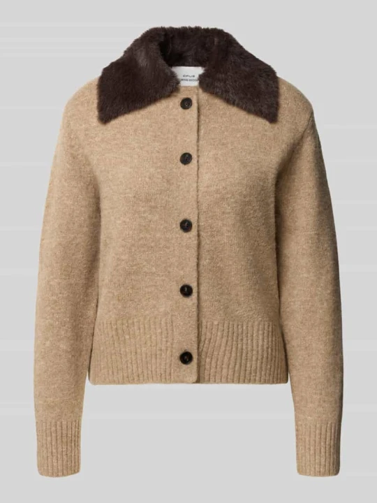 Zdjęcie produktu Kardigan rozpinany z mieszanki wełny z kołnierzem ze sztucznego futra model 'Dofur' Opus Camel