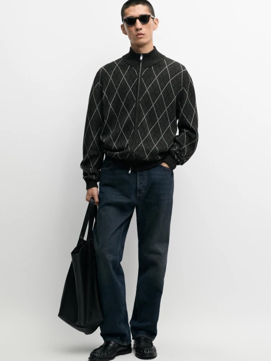 Zdjęcie produktu Kardigan W Romby Z Mieszanki Wełny - Brudnoszary - Massimo Dutti - Male